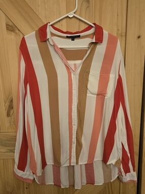 Velvet Heart Vertical Stripe Button-Down Shirt in Red, Coral, White & Tan Sz. XL